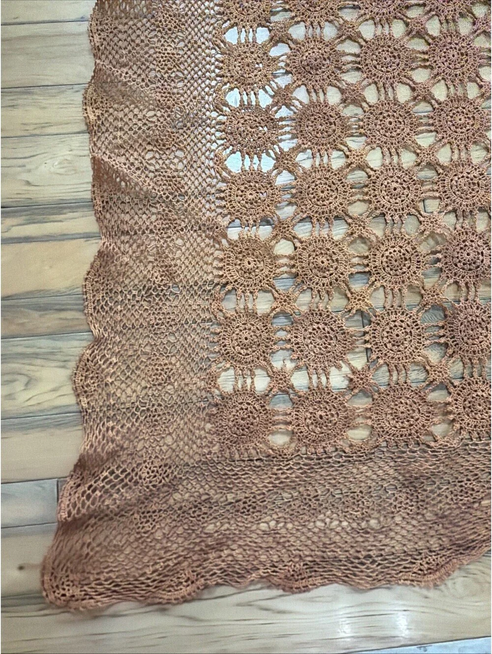 Vtg Handmade Crochet Lace Tablecloth Sun Burnt Orange Fall Harvest 60x78” Boho